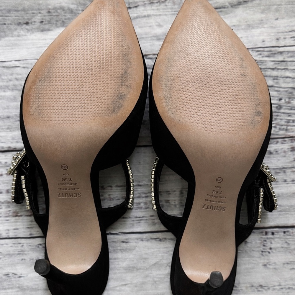 Schutz Tishara Rhinestone Buckle Mule Heels Black Suede Pointed Toe Size 7.5 - Picture 7 of 7